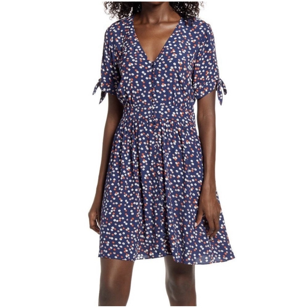 Madewell Floral Button Front Mini Dress Navy Blue Daisy Size‎ 0 Short Sleeve Tie